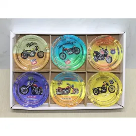 Vintage Motosiklet Desenli Route 66 Temalı Şık Cam Küllük | Dekoratif Hediyelik