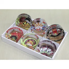 Casino Temalı Dekoratif Cam Küllük | Rulet, İskambil Kartı ve Şans Oyunları Desenli