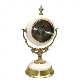 Elit Antik Pirinç ve Krem Seramik Küre Tasarım Masa Saati Lüks Dekoratif Obje