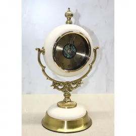 Elit Antik Pirinç ve Krem Seramik Küre Tasarım Masa Saati Lüks Dekoratif Obje