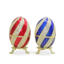 Parıltılı Swaroski Taşlı Kırmızı Mavi Şeritli Dekoratif Yumurta Biblo - 11cm