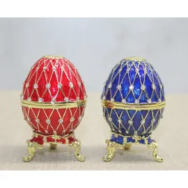 Swaroski Taşlı Lüks Dekoratif Yumurta Bibloları | El Yapımı Kırmızı ve Mavi İşlemeli Mücevher Kutusu