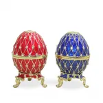 Swaroski Taşlı Lüks Dekoratif Yumurta Bibloları | El Yapımı Kırmızı ve Mavi İşlemeli Mücevher Kutusu