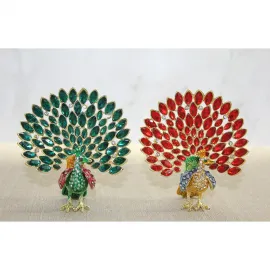Zümrüt Yeşili ve Yakut Kırmızı Swaroski Taşlarla Süslü Lüks Tavuskuşu Biblo Figürleri