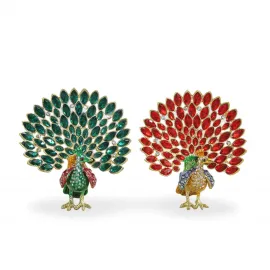 Zümrüt Yeşili ve Yakut Kırmızı Swaroski Taşlarla Süslü Lüks Tavuskuşu Biblo Figürleri