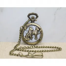 Vintage Antik Bronz Kurt Figürlü Tasarım Köstekli Cep Saati Zincirli Erkek Hediye