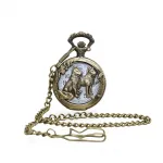 Vintage Antik Bronz Kurt Figürlü Tasarım Köstekli Cep Saati Zincirli Erkek Hediye