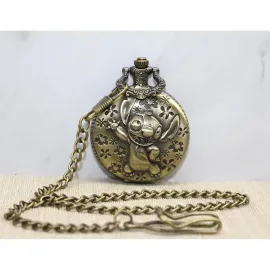 Disney Lilo & Stitch Temalı Antik Bronz Köstekli Cep Saati - Vintage Koleksiyon Parçası