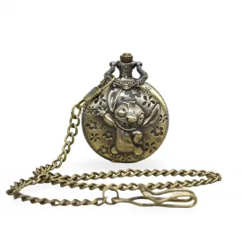 Disney Lilo & Stitch Temalı Antik Bronz Köstekli Cep Saati - Vintage Koleksiyon Parçası