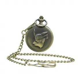 Antik Bronz Pikachu Kabartmalı Köstekli Saat | Retro Pokemon Cep Kolye Saati Hediye