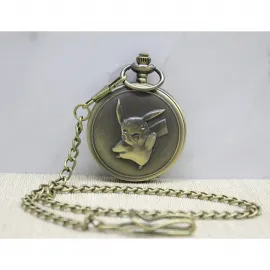 Antik Bronz Pikachu Kabartmalı Köstekli Saat | Retro Pokemon Cep Kolye Saati Hediye