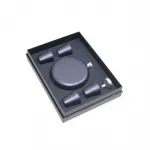 Lüks Mat Siyah Paslanmaz Çelik Yuvarlak Cep Matara ve 4 Shot Bardağı Seti – Şık Sunum Kutusu