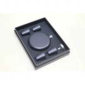 Lüks Mat Siyah Paslanmaz Çelik Yuvarlak Cep Matara ve 4 Shot Bardağı Seti – Şık Sunum Kutusu