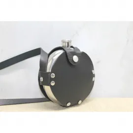 Şık Siyah Deri Kılıflı Paslanmaz Çelik Matara | Taşınabilir Cep İçki Matarası Hediye