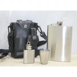 Şık Deri Kılıflı Paslanmaz Çelik Matara Seti | Taşınabilir Cep Matarası ve Kadeh