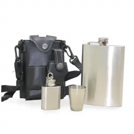 Şık Deri Kılıflı Paslanmaz Çelik Matara Seti | Taşınabilir Cep Matarası ve Kadeh