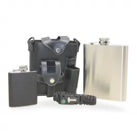 Lüks Paslanmaz Çelik Deri Kılıflı Matara Seti: Cep Boy Flask, Paracord Bileklik Hediye