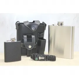 Lüks Paslanmaz Çelik Deri Kılıflı Matara Seti: Cep Boy Flask, Paracord Bileklik Hediye