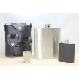 Taşınabilir Deri Kılıflı Cep Matarası, Büyük Boy Paslanmaz Çelik Matara ve Çelik Shot Bardağı Seti