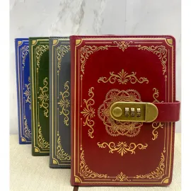 Antik Desenli Kilitli Şifreli Deri Defter - Vintage Özel Tasarım Günlük Not Defteri 22x15 cm