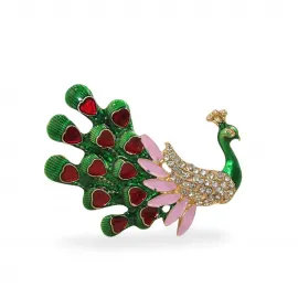 Pırıltılı Swaroski Taşlı Tavus Kuşu Figür Magnet | Zarif ve Şık Yeşil-Pembe Dekoratif Aksesuar