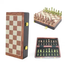 Lüks Ahşap Katlanabilir Kutu İçinde Metal Satranç Taşlı Hazneli Seyahat Satranç Seti