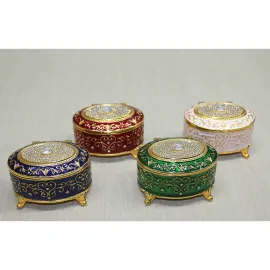 Parlak Swaroski Taşlarla Süslü Lüks Emaye Dekoratif Ayaklı Mücevher Kutu Biblo