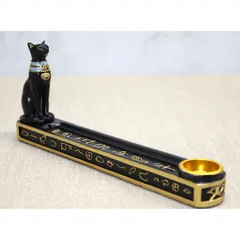 El Boyaması Polyester Mısır Kedisi Bastet Figürlü Dekoratif Tütsülük - Uzun Form