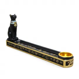 El Boyaması Polyester Mısır Kedisi Bastet Figürlü Dekoratif Tütsülük - Uzun Form