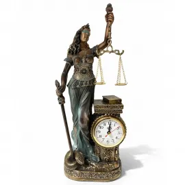 Polyester Saatli Adalet Figürü Biblo: Hukuk Temalı Dekoratif Ofis ve Ev Objeleri
