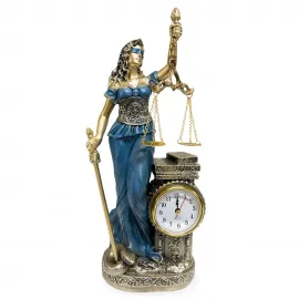 Themis Temalı Polyester Adalet Figürü Saatli Dekoratif Masa Biblosu Hukuk Hediyesi
