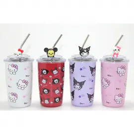 Sanrio Hello Kitty & Kuromi Temalı Figürlü, Metal Pipetli Isı Muhafazalı Çelik Kupa Bardak