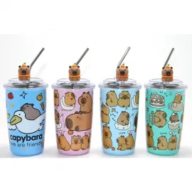 Kapibara Figürlü Isı Muhafazalı Paslanmaz Çelik Termos Kupa - Metal Pipetli Kahve & Soğuk İçecek Bardağı