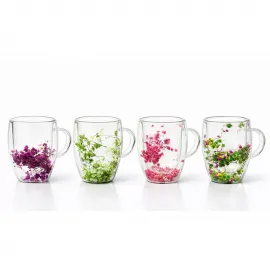 Dekoratif Çift Camlı Isı Yalıtımlı Çiçekli Kupa Bardak – Estetik Sunum Deneyimi