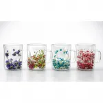 Özgün Tasarım Çift Camlı Termo Kupa Bardak | Kurutulmuş Renkli Çiçek Dekorlu