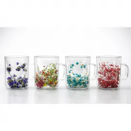 Özgün Tasarım Çift Camlı Termo Kupa Bardak | Kurutulmuş Renkli Çiçek Dekorlu