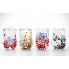 El Yapımı Çift Camlı Çiçek İçerikli Termal Bardak - Sıcak ve Soğuk İçecekler İçin Eşsiz Tasarım