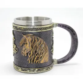 Antik Görünümlü 3D Kabartma At Temalı Paslanmaz Çelik Kupa Bardak | Dekoratif Hediye