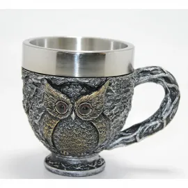 3D Kabartmalı Antik Görünümlü Baykuş Motifli Paslanmaz Çelik İç Kupa Bardak