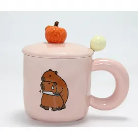 Komik 3D Kapibara Desenli Pembe Porselen Kupa Bardak, Kapaklı ve Mini Balkabağı Detaylı Hediye