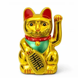 Pilli Sallanan Altın Rengi Maneki Neko Şans Kedisi Dekoratif Biblo Objesi