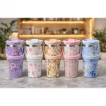 700 ml Floral Desenli Taşıma Kulplu Paslanmaz Çelik Vakumlu Termos Bardak