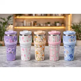 900 ml Taşıma Kulplu Şık Floral Desenli Paslanmaz Çelik Vakumlu Termos Mug Bardak