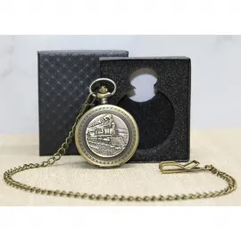 Özel Kutulu Nostaljik Tren Motifli Bronz Köstekli Cep Saati - Antik Tasarım Hediyelik Zincirli