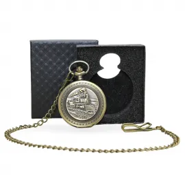 Özel Kutulu Nostaljik Tren Motifli Bronz Köstekli Cep Saati - Antik Tasarım Hediyelik Zincirli