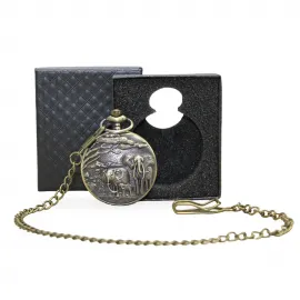 Özel Tasarım Filli Antik Bronz Köstekli Cep Saati - Vintage Hediye Kutulu Kolleksiyonluk Saat