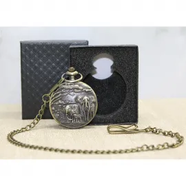 Özel Tasarım Filli Antik Bronz Köstekli Cep Saati - Vintage Hediye Kutulu Kolleksiyonluk Saat