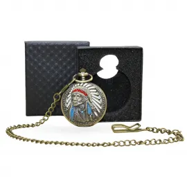 Nadir Tasarım Kızılderili Şef Motifli Antik Bronz Köstekli Saat, Özel Kutusunda Şık Hediyelik