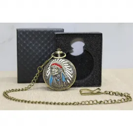 Nadir Tasarım Kızılderili Şef Motifli Antik Bronz Köstekli Saat, Özel Kutusunda Şık Hediyelik