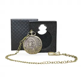 Özel Kutulu Antik Kızılderili Şefi Figürlü Vintage Köstekli Cep Saati - Erkeklere Özgün Hediye